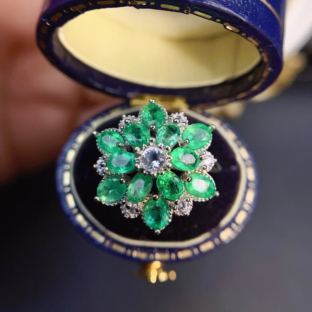 Jewelryhaven720™ Natural 3*4 Colombian Emerald Luxury Flower Ring S925 Sterling Silver Fashion Exquisite Wedding Glamour Jewelry for Women