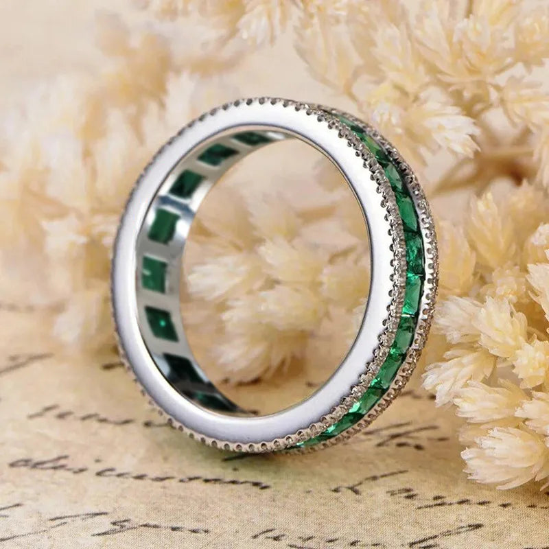 Jewelryhaven720™ 925 Sterling Silver Full Princess Square Green CZ Promise Rings for Women Luxury