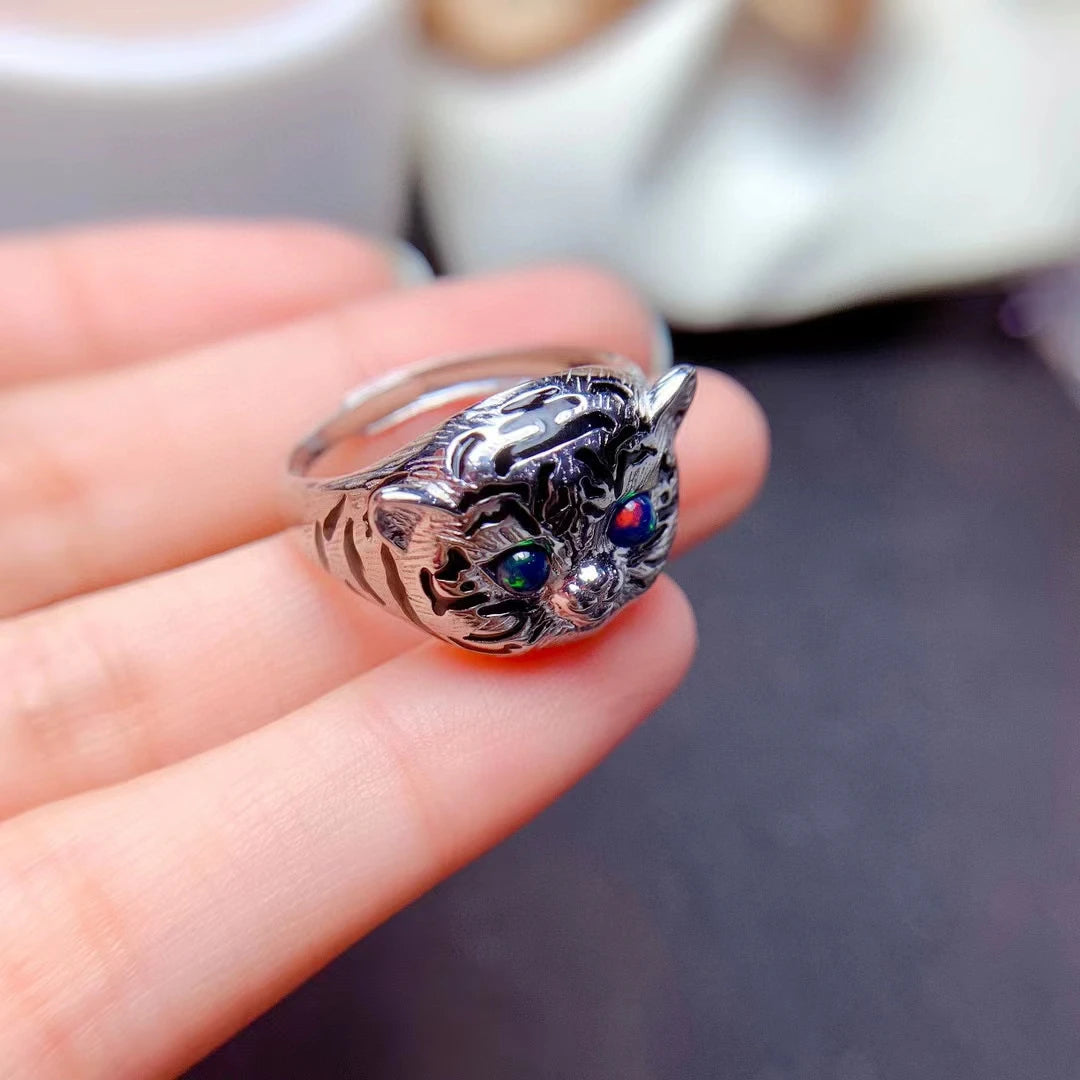 Jewelryhaven720™ Newest Natural Black Opal Ring Real 925 Sterling Silver Lovely Cat  Style Ring Fire Secret Birthstone Good GIft