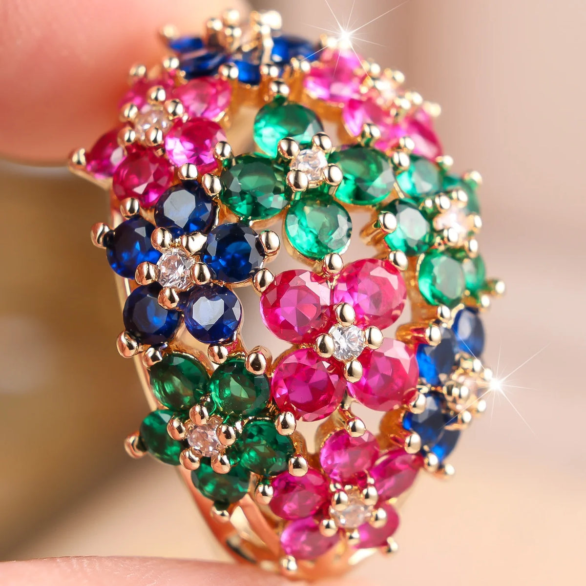 Jewelryhaven720™ Small rainbow cubic zirconia pendant ring, cute geometric cuts, gold color.