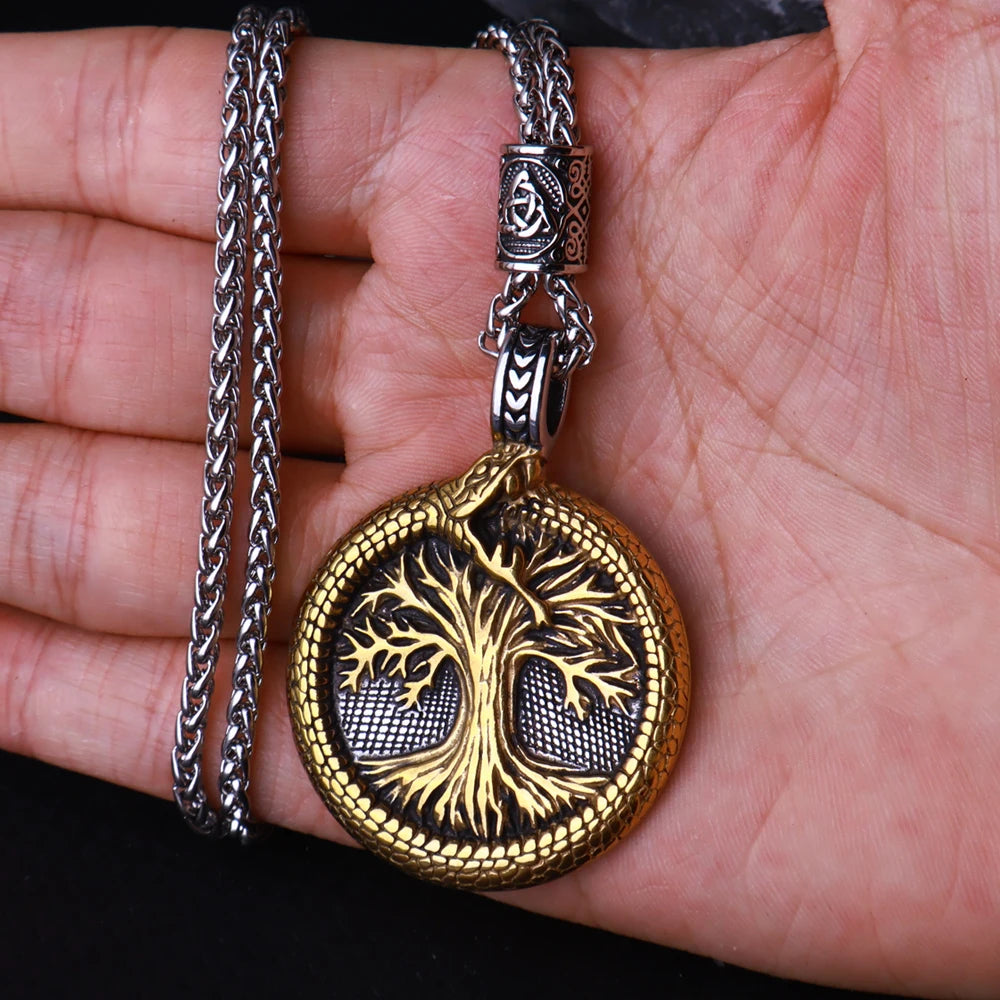 Jewelryhaven720™ Nordic Yggdrasil Viking Tree of Life Pendant Necklace Stainless Steel Viking Ourobles Necklace Men Vintage Fashion Charm Jewelry