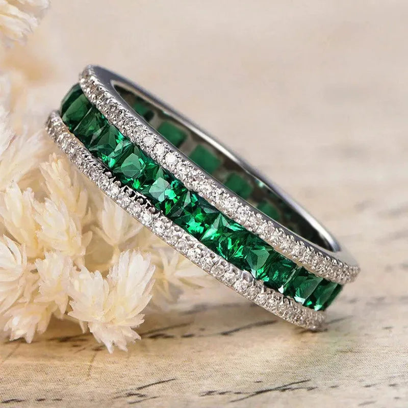 Jewelryhaven720™ 925 Sterling Silver Full Princess Square Green CZ Promise Rings for Women Luxury Trendy Female Accessories Wedding Jewelry