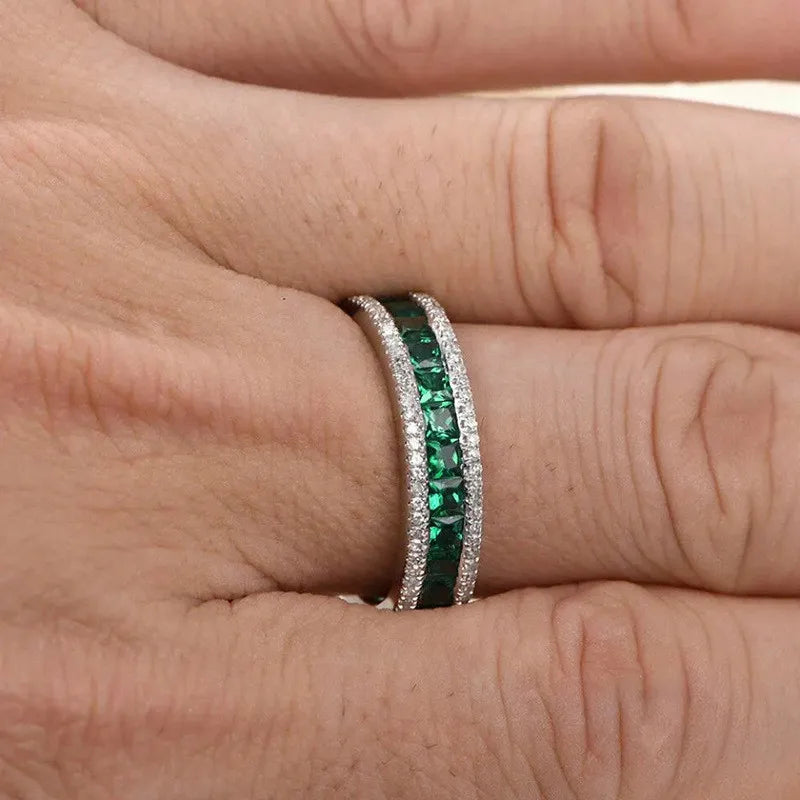 Jewelryhaven720™ 925 Sterling Silver Full Princess Square Green CZ Promise Rings for Women Luxury Trendy Female Accessories Wedding Jewelry