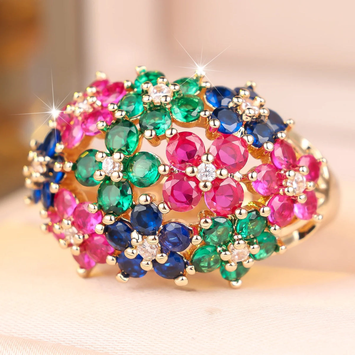 Jewelryhaven720™ Small rainbow cubic zirconia pendant ring, cute geometric cuts, gold color.