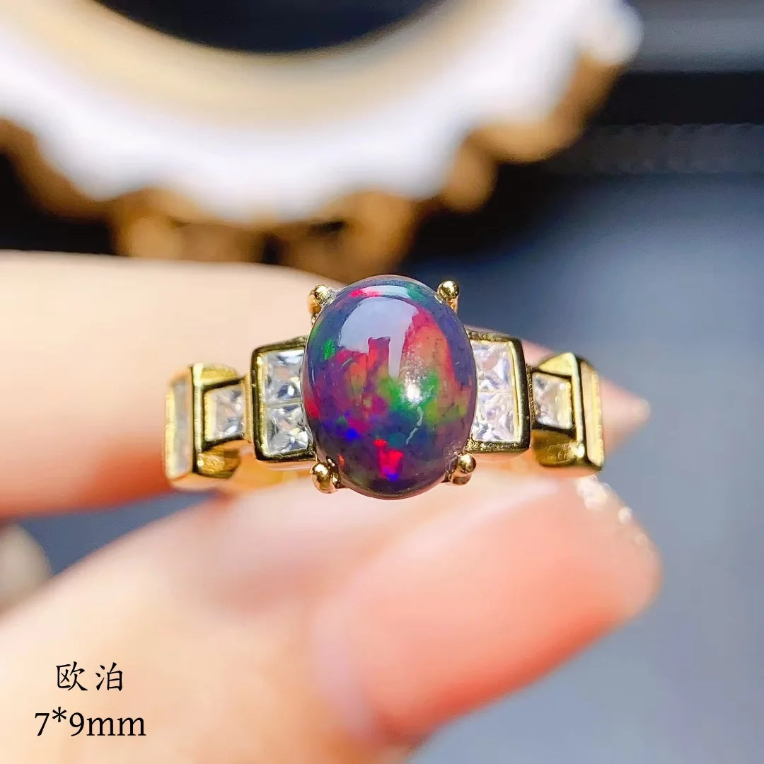 Jewelryhaven720™ Ring 925 Sterling Silver Inlay 7*9mm Natural Australian Black Opal Fashionable Elegant Ring For Women