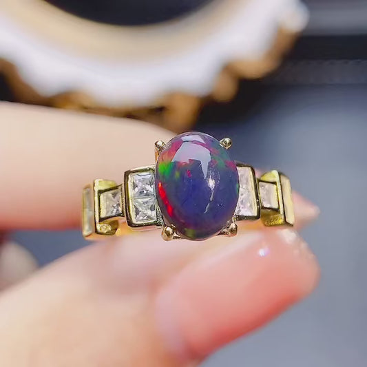 Jewelryhaven720™ Ring 925 Sterling Silver Inlay 7*9mm Natural Australian Black Opal Fashionable Elegant Ring For Women